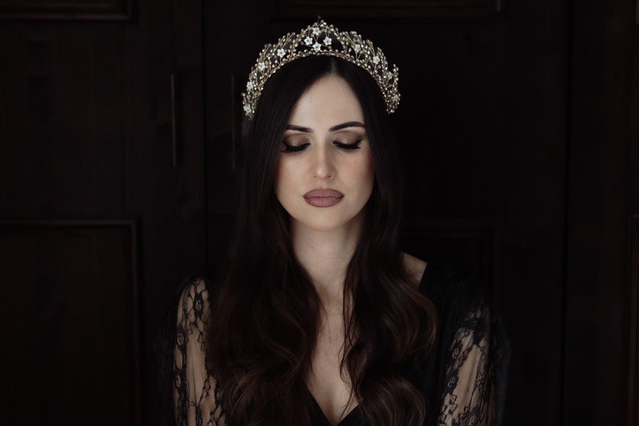 antique gold crown on a gothic vampire bride
