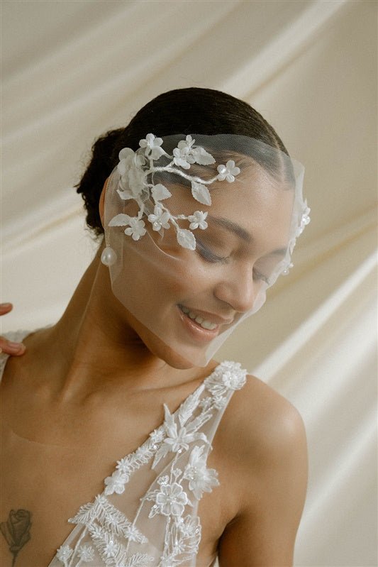Jasmine Ivory Sheer Tulle Flower Vine Birdcage Veil