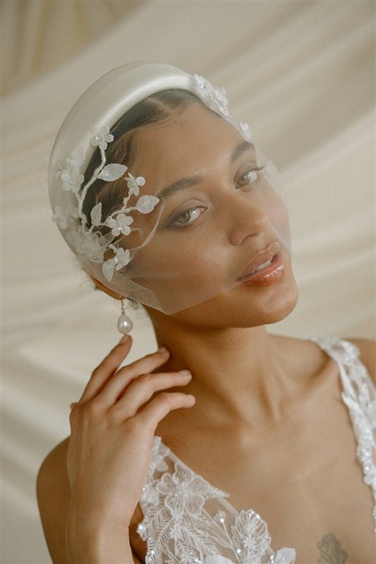 Jasmine Ivory Sheer Tulle Flower Vine Birdcage Veil with headband