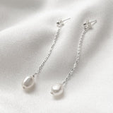 Long drop silver chain baroque pearl earrings 