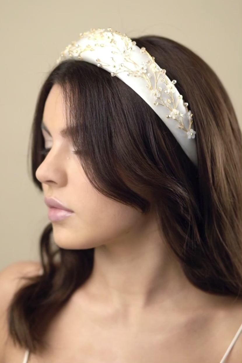 Embellished floral gold and ivory padded headband with crystals and mother of pearl