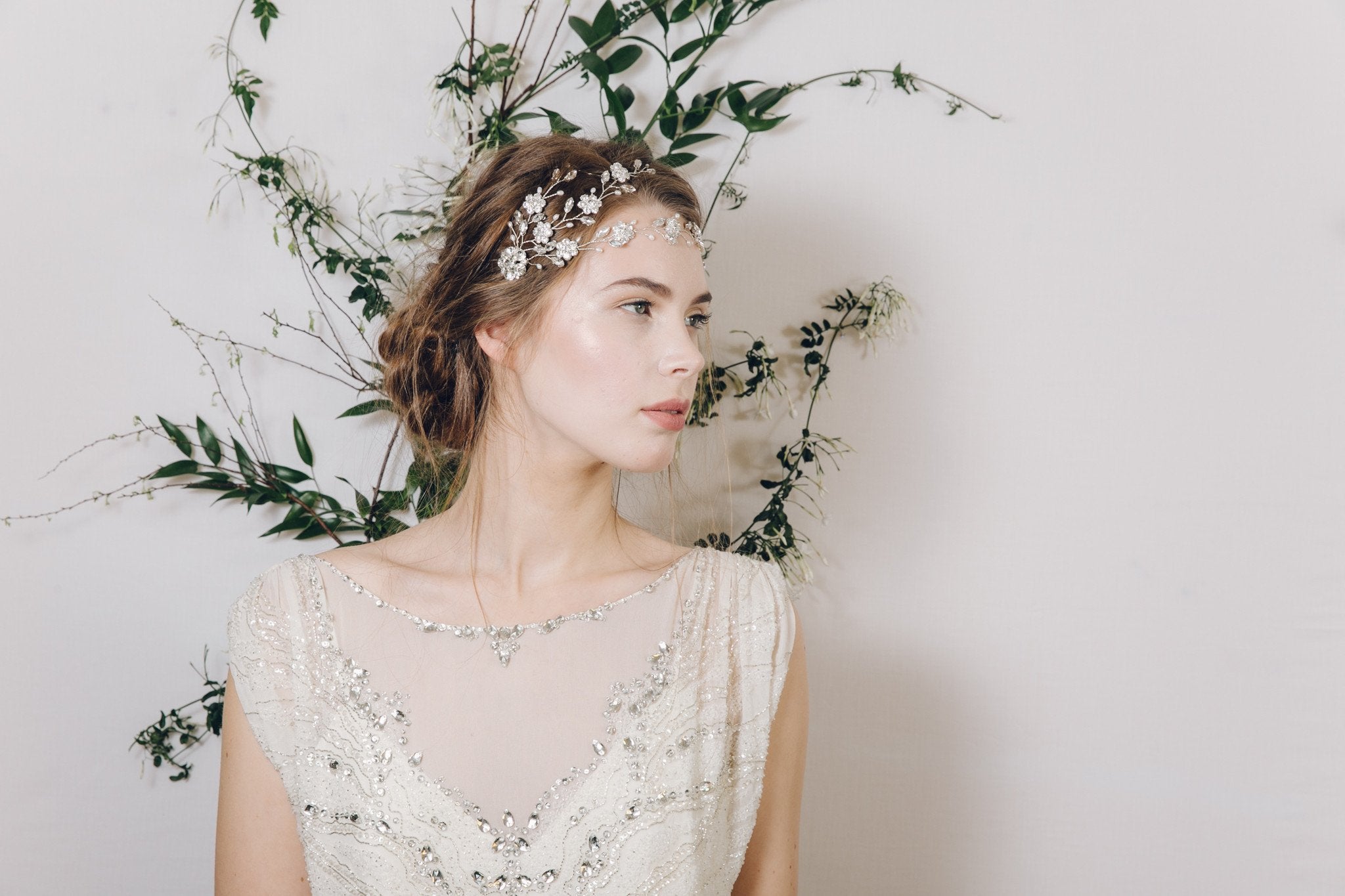 Silver floral crystal and pearl wedding browband