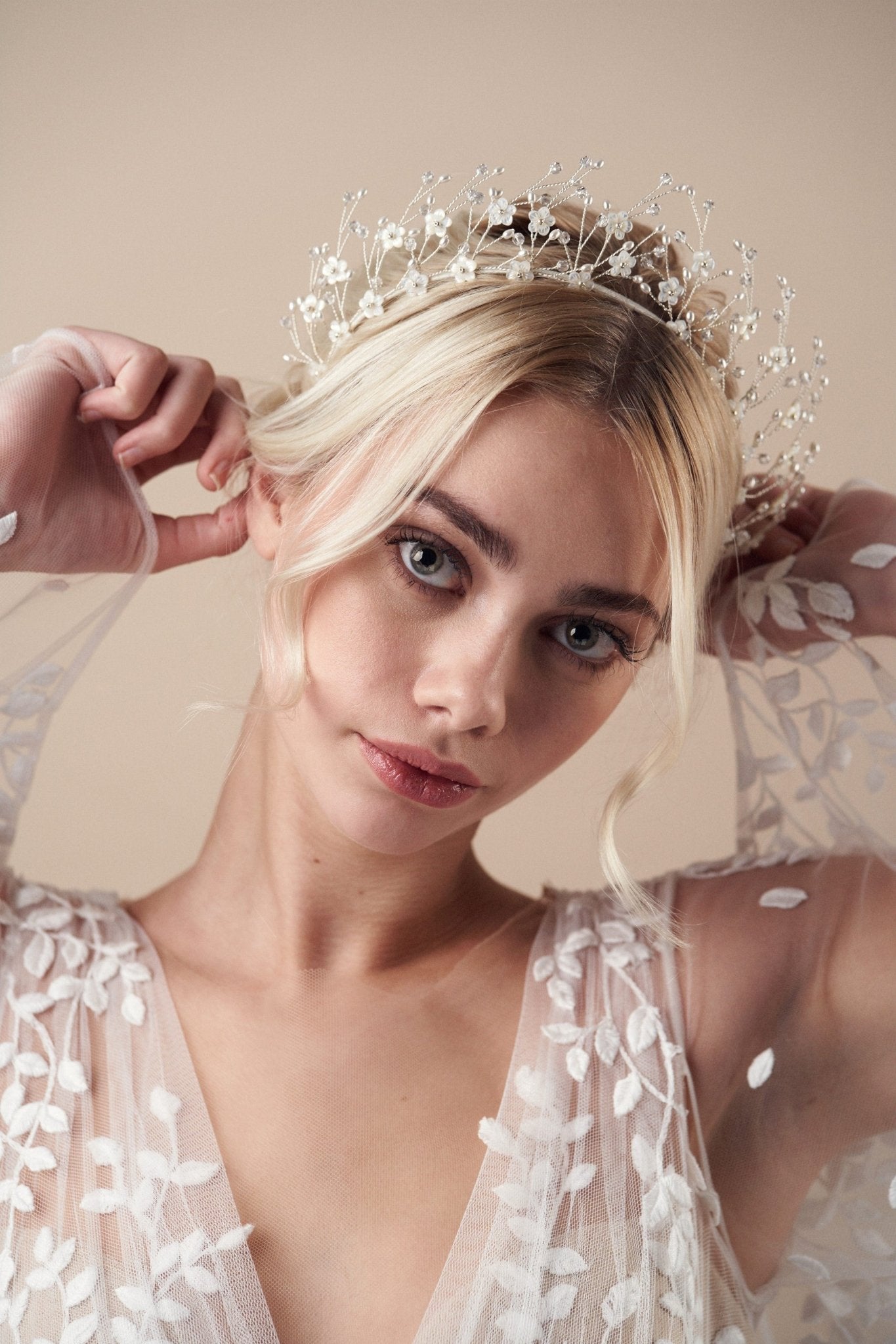 Boho crystal flower crown in silver and ivory - Isobel