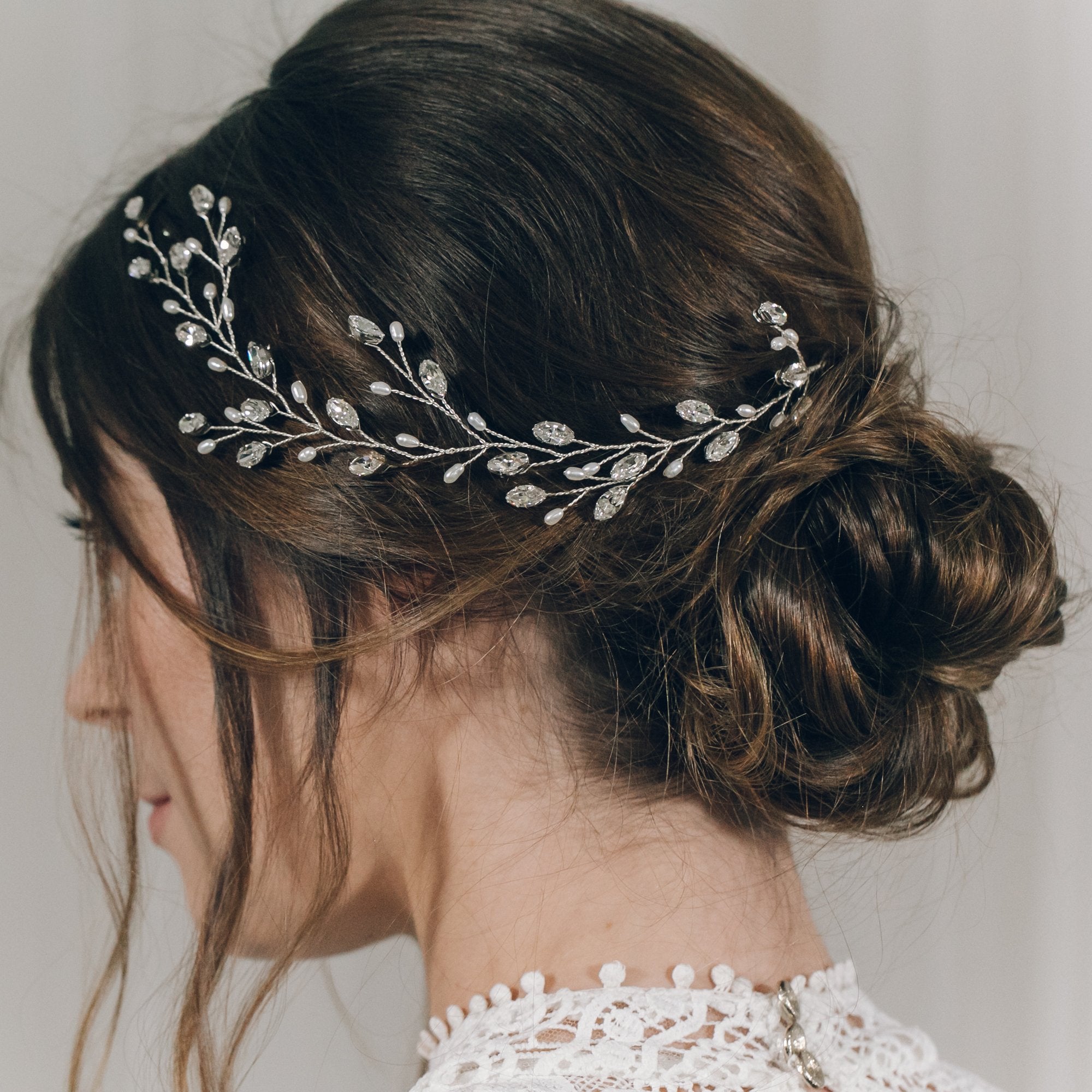 Silver Swarovski crystal and freshwater pearl bridal hairvine - Cassie
