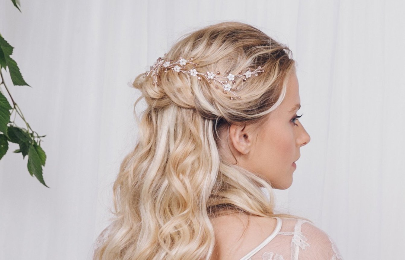 Delicate trailing mother of pearl flower hairvine - Evie - Debbie Carlisle