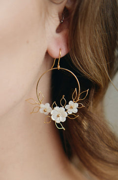 Flora silver gold hoop earrings with wire leaf detail
