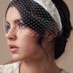 Embellished floral ivory padded headband with crystals and pearls and birdcage veil