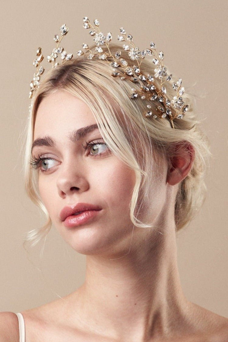 Gold crystal flower crown with matching hairpins - Mabel