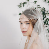 Crystal and pearl wedding forehead band with Juliet Cap veil