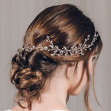 Modern boho Swarovski Crystal silver leafy long wedding hair vine - Lily