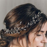 Modern boho Swarovski Crystal silver leafy long wedding hair vine - Lily