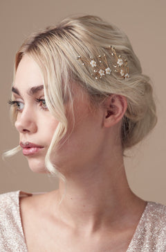 Flower wedding hairpins trio set in mother of pearl and antique gold crystal
