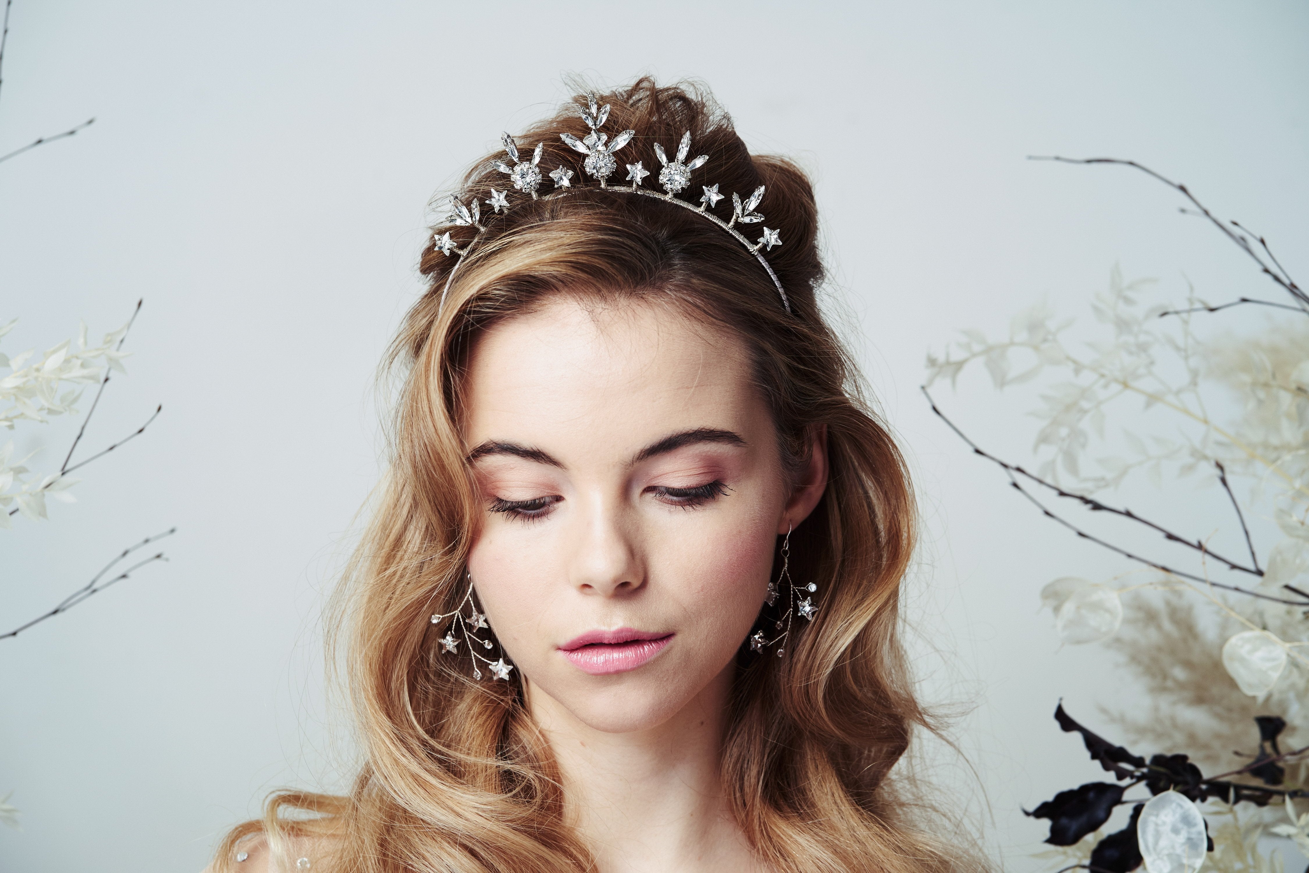 Silver Star wedding crown and celestial earrings set