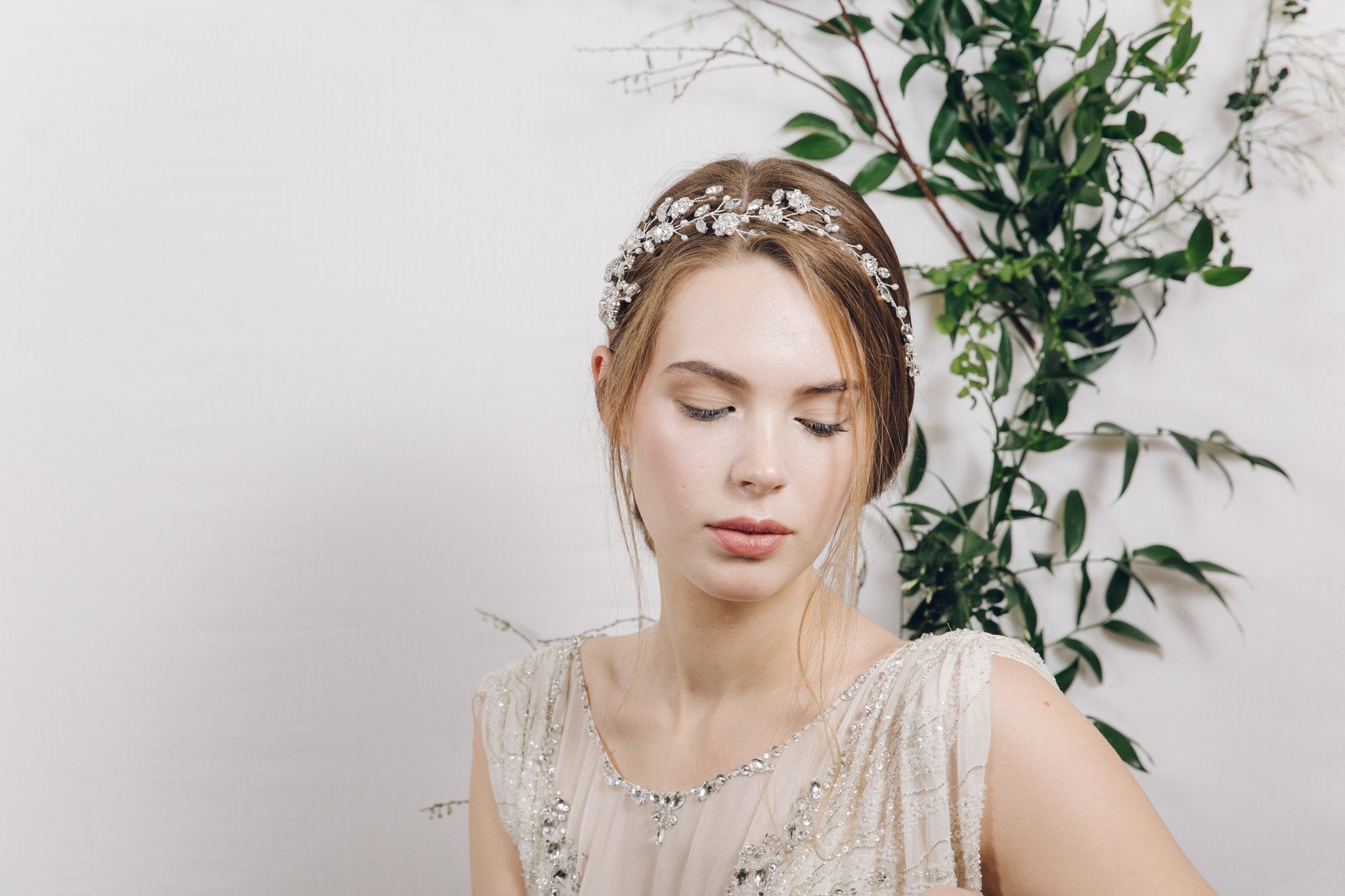crystal and pearl floral vine wedding headband