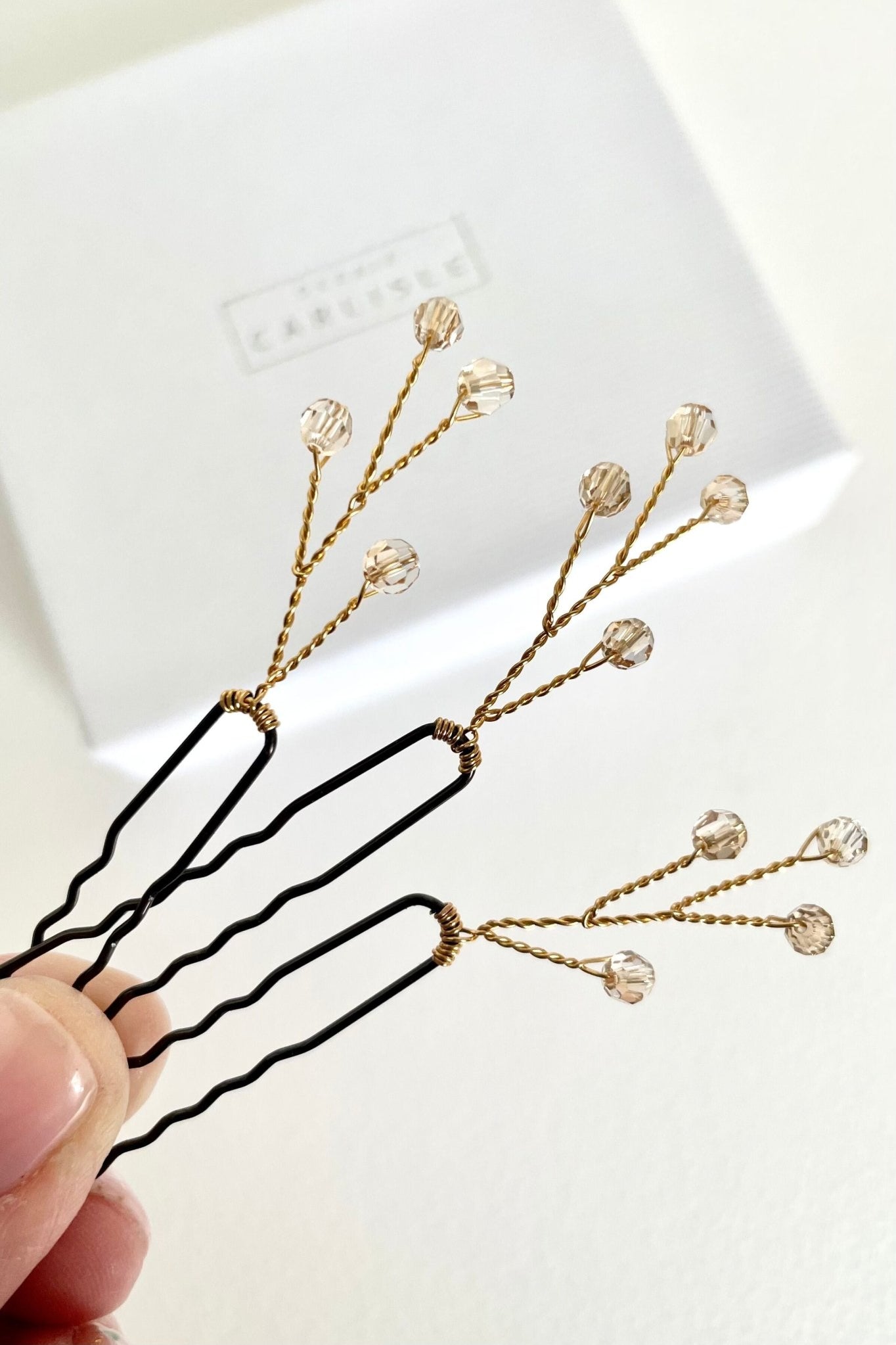 Small clear gold crystal hairpins by Debbie Carlisle - Haillie 