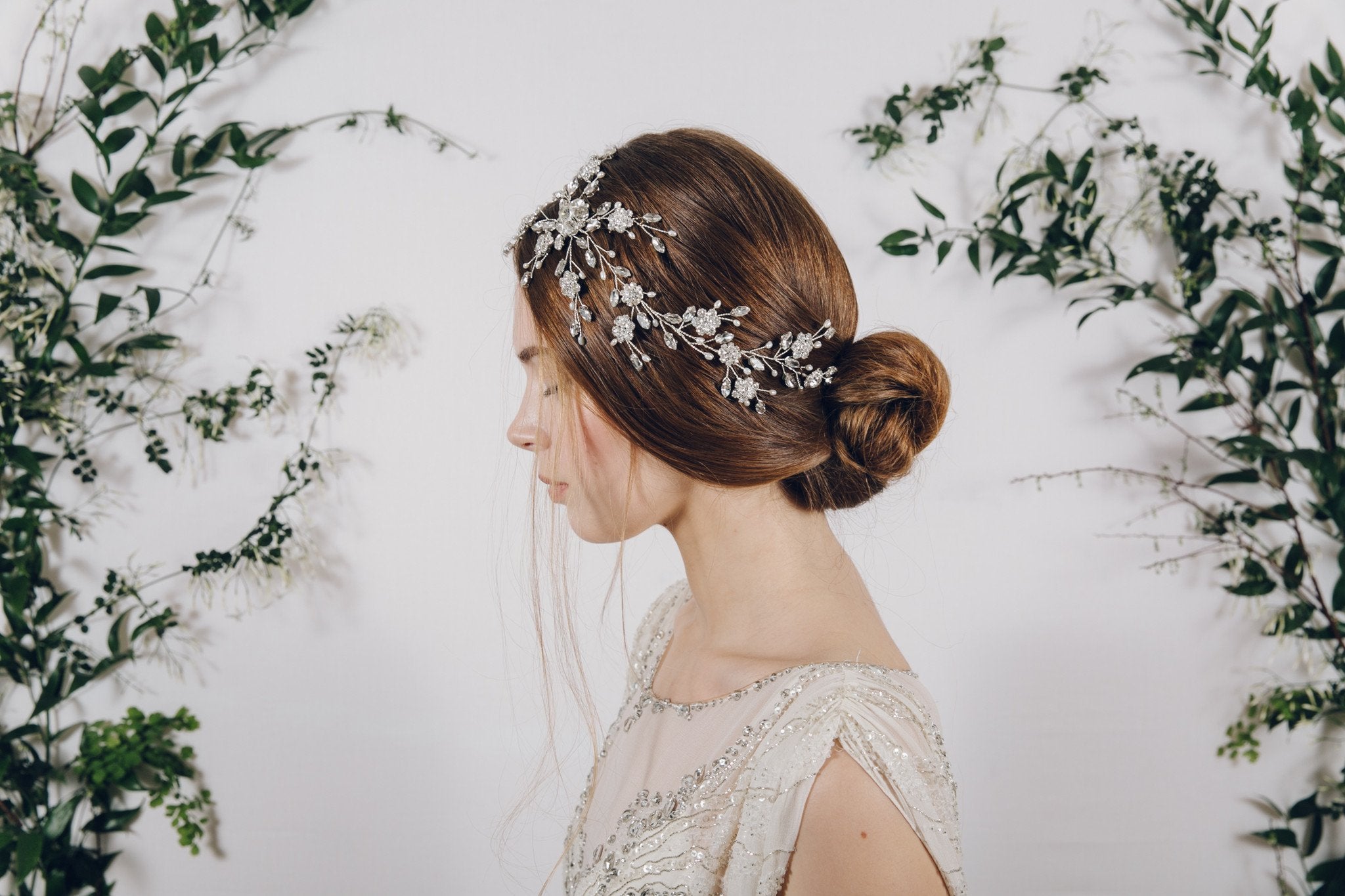 Trailing floral crystal and pearl bridal headpiece