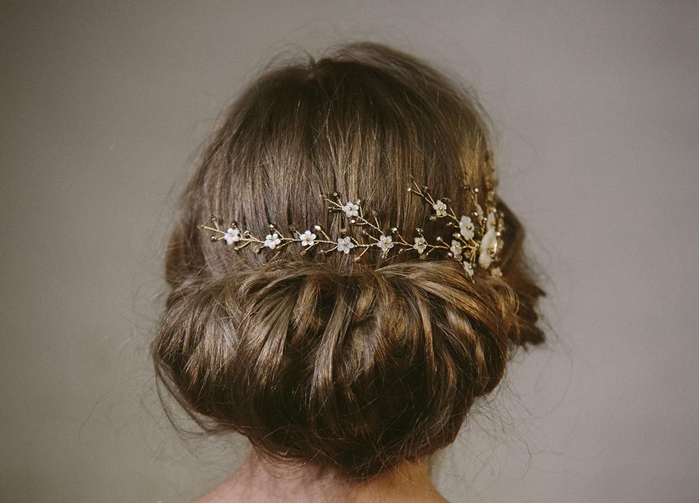 Sylvie gold crystal and mother of pearl bridal hair vine headpiece