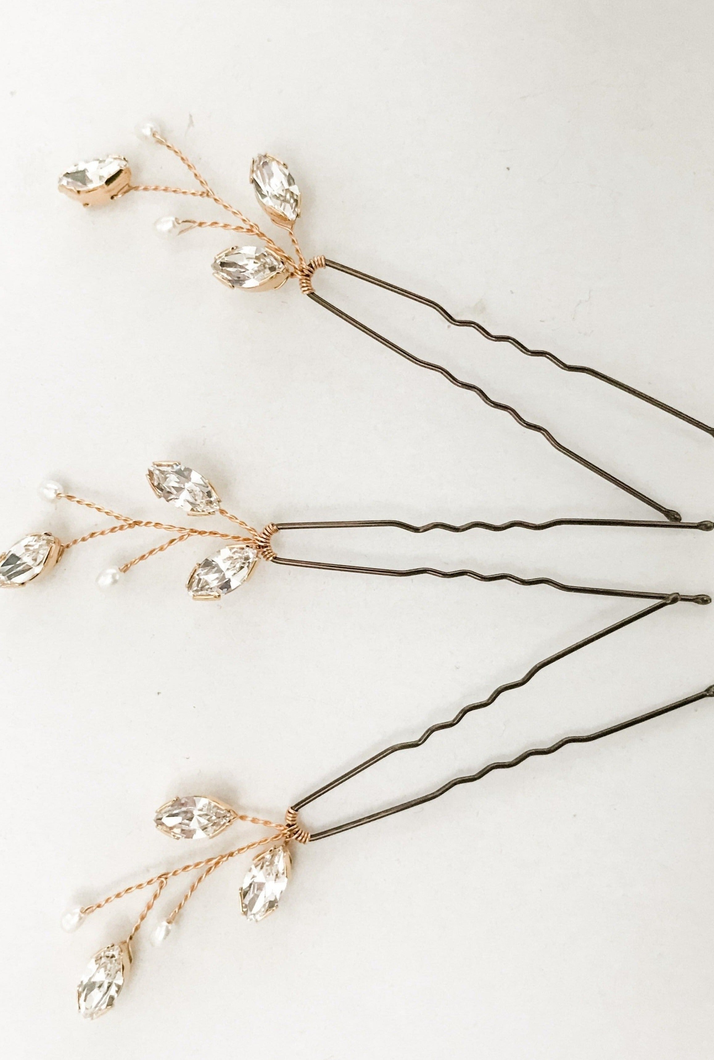 Small crystal and pearl gold wedding hairpins