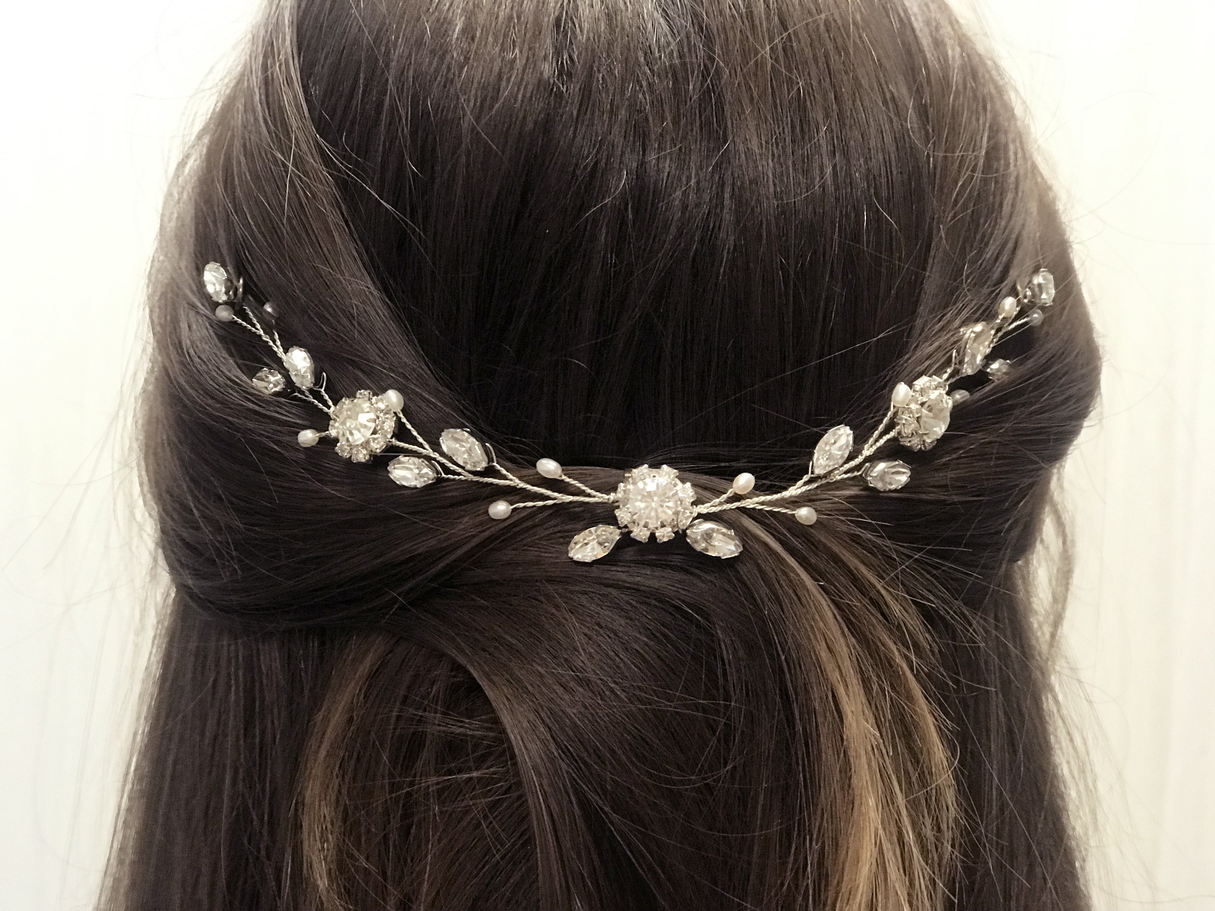 Silver crystal and pearl bridal hair vine - Thea