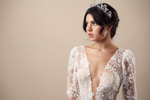 Bride wears silver crystal floral crown