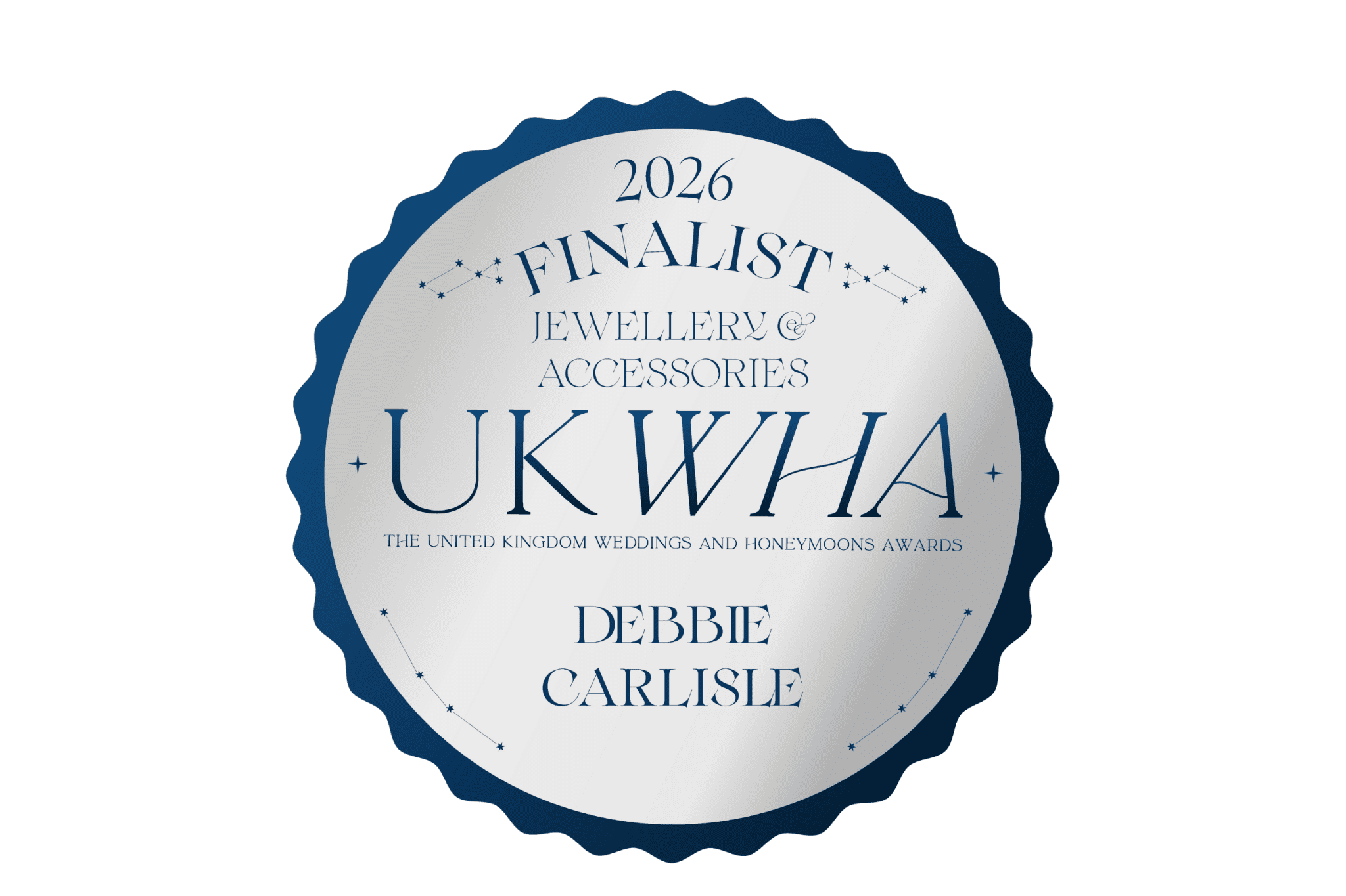 UKWH Awards Finalists Rosette - text reads: 2026 Finalist Jewellery & Accessories UKWHA The United Kingdom Weddings and Honeymoons Awards Debbie Carlisle