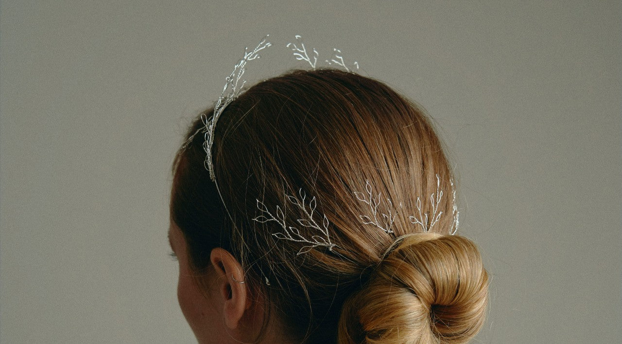 Wild Love: Ethereal Handmade Bridal Hair Accessories - model wears sculpted leaf crown and hairpins