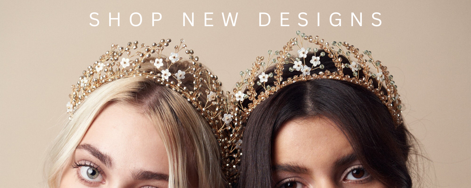 Two models wear gold crystal flower crowns