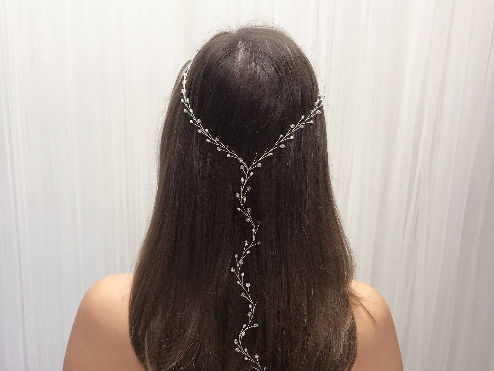 silver and pearl 'Y' bridal hair vine Amy