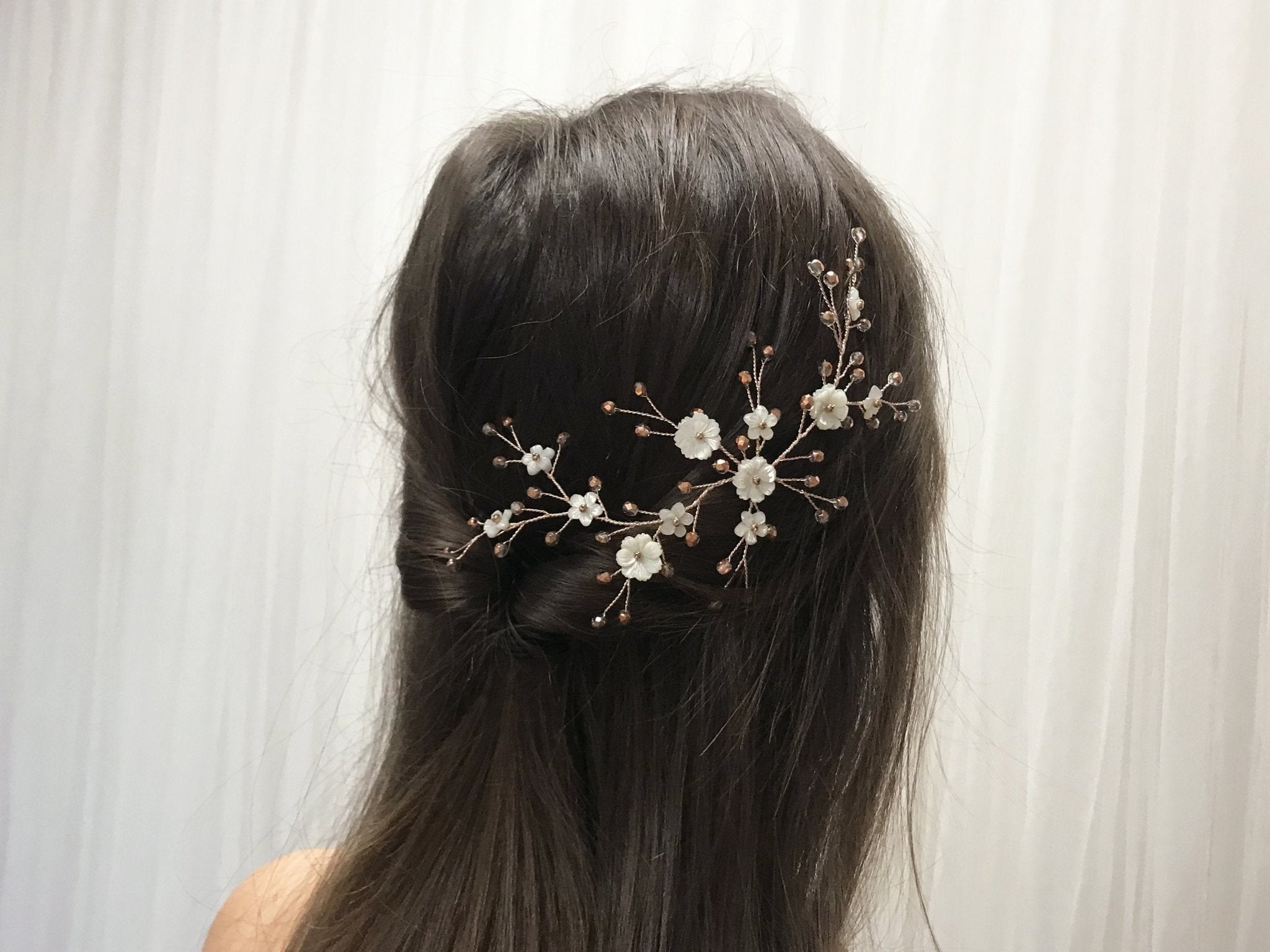 Rose gold pearl flower and crystal wedding hair vine - Ariel