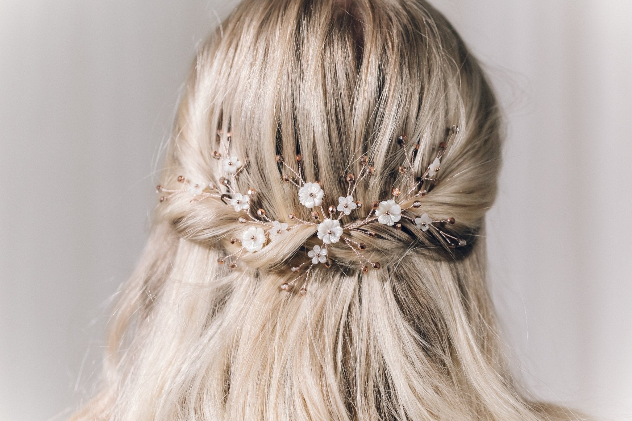 Small rose gold floral crystal wedding hairvine for bridal updo or half up - Ariel