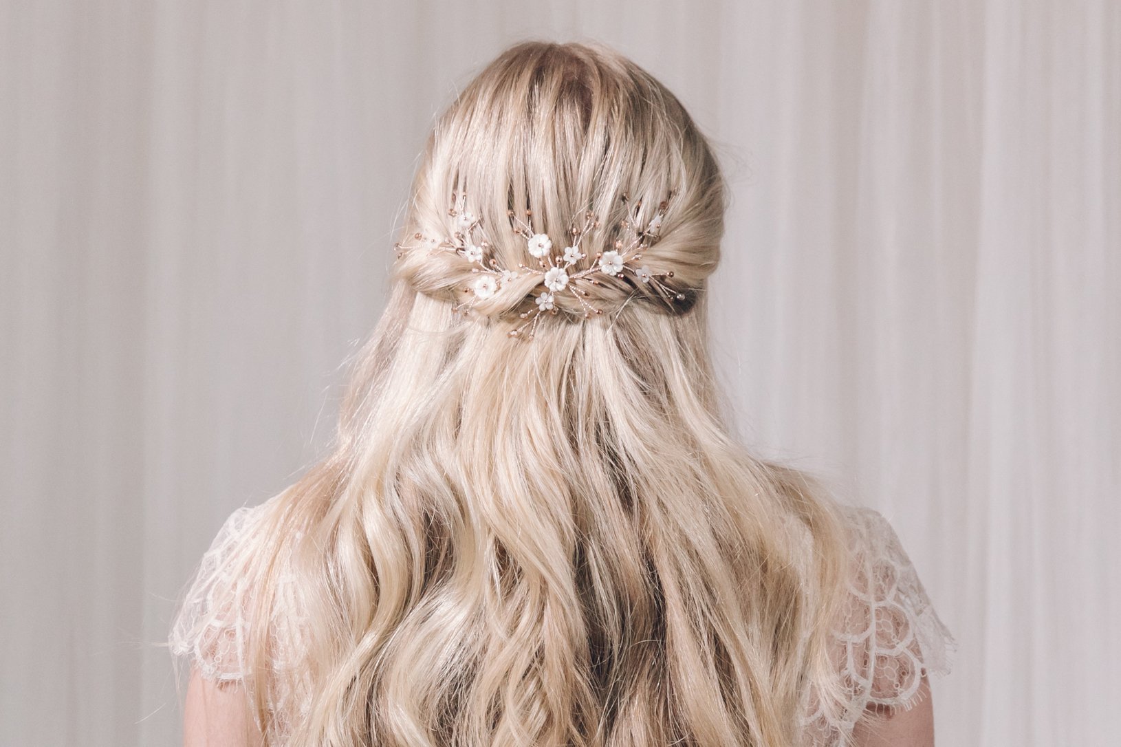 Small rose gold floral crystal wedding hair vine for bridal updo or half up - Ariel