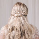 Small rose gold floral crystal wedding hair vine for bridal updo or half up - Ariel