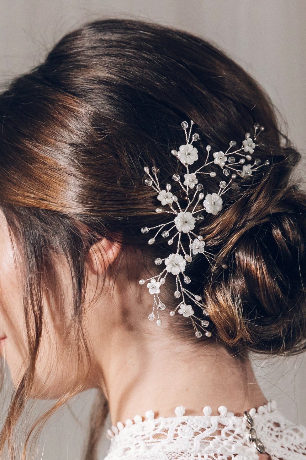 Small silver floral crystal wedding hair vine for bridal updo or half up - Ariel