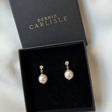 Small Crystal & Vegan Pearl Stud Drop Earrings Gold | Dina | Debbie Carlisle
