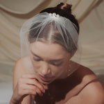 bride wears a sheer tulle birdcage style veil with a pearl comb