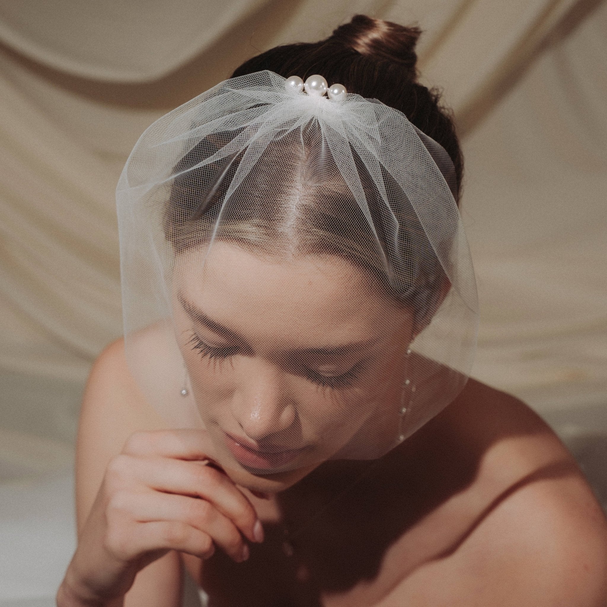 bride wears a sheer tulle birdcage style veil with a pearl comb