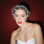 bride wears a bow birdcage veil on a slim headband
