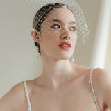A bride wears a merry widow birdcage veil with vintage style chenille dots gold long crystal & baroque pearl drop earrings with a birdcage veil