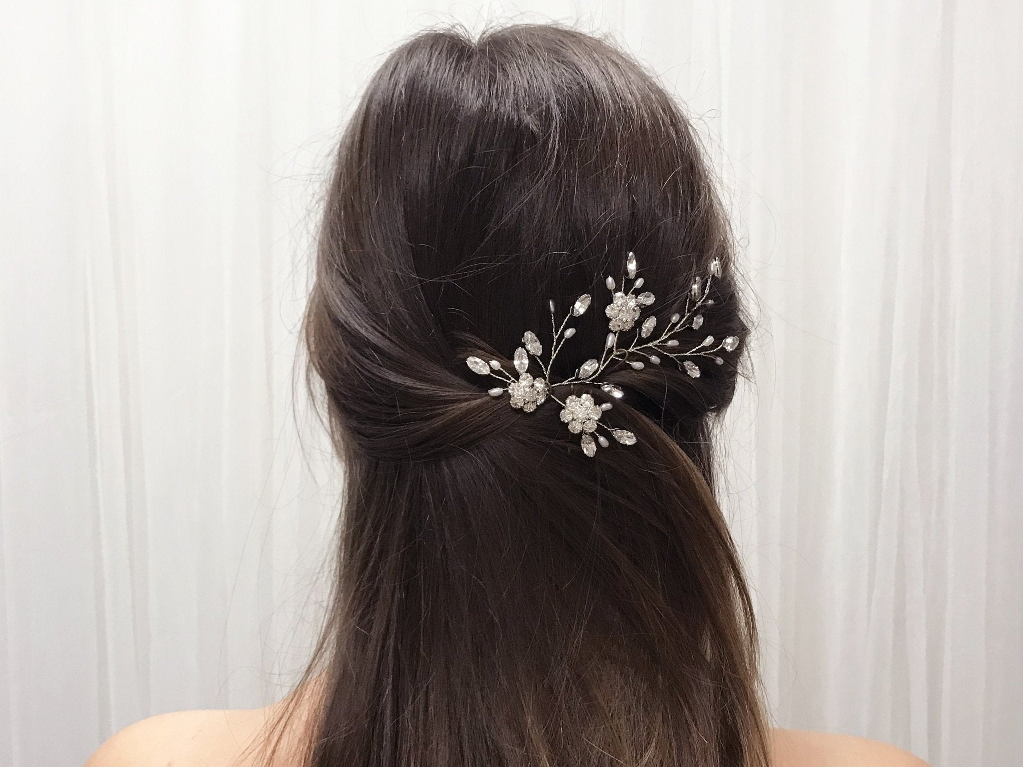 Silver crystal flower and freshwater pearl hair vine - Ella