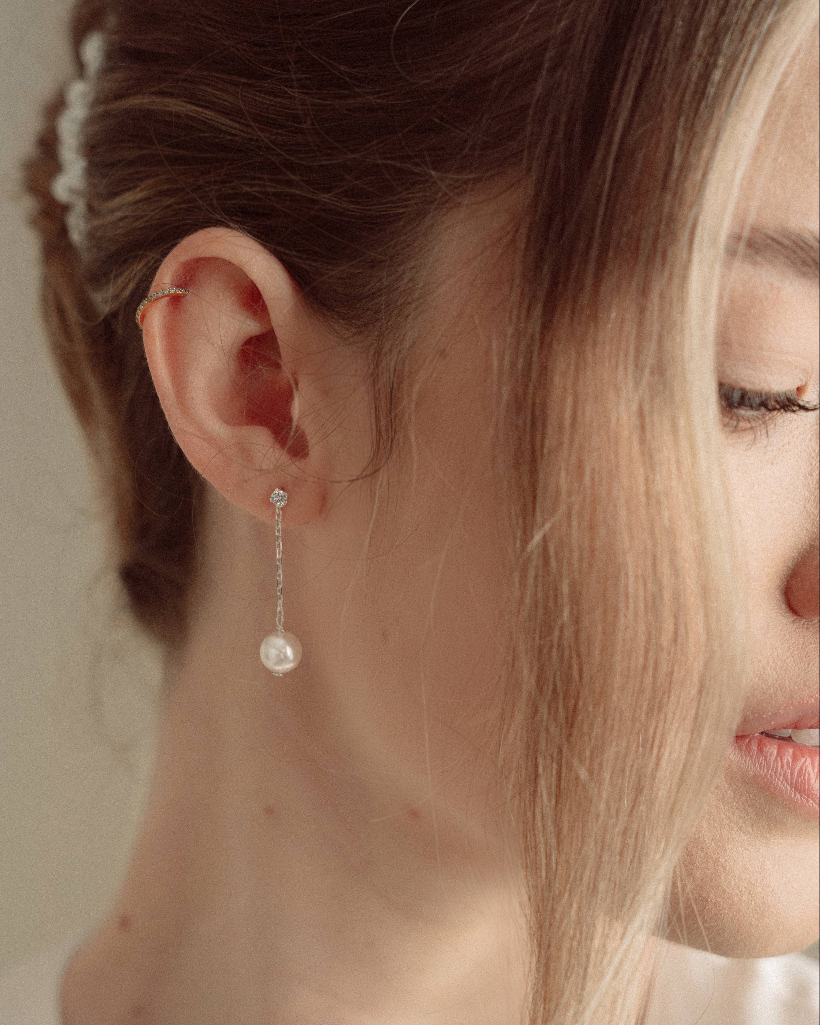 Ina silver crystal and pearl drop earring with the Elsa crystal and pearl cluster comb