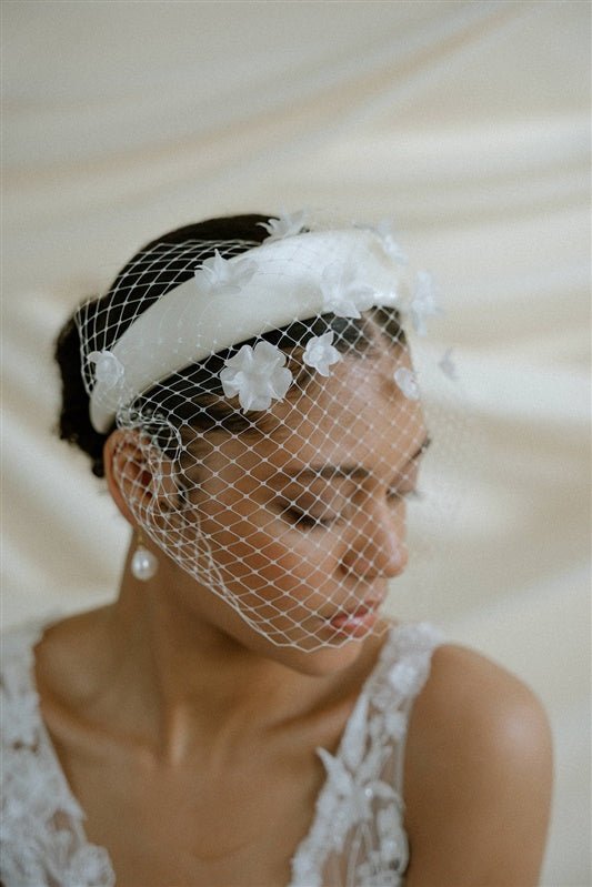 Fleur ivory Birdcage Veil With 3D Silk flowers 