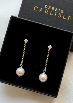 Ina crystal and vegan pearl drop earrings in gold/silver, handmade bridal earrings