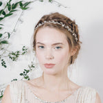 Delicate crystal and pearl wedding ribbon tie tiara
