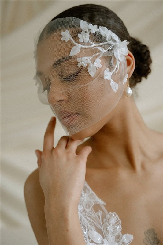 Jasmine Ivory Sheer Tulle Flower Vine Birdcage Veil