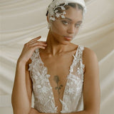Jasmine Ivory Sheer Tulle Flower Vine Birdcage Veil with headband