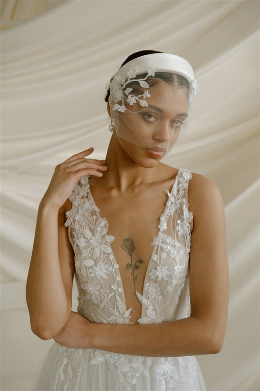 Jasmine Ivory Sheer Tulle Flower Vine Birdcage Veil with headband