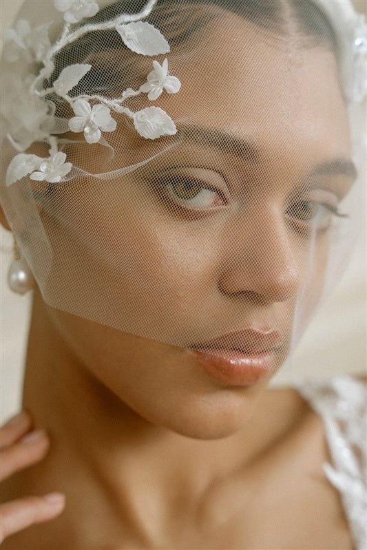 Jasmine Ivory Sheer Tulle Flower Vine Birdcage Veil with headband