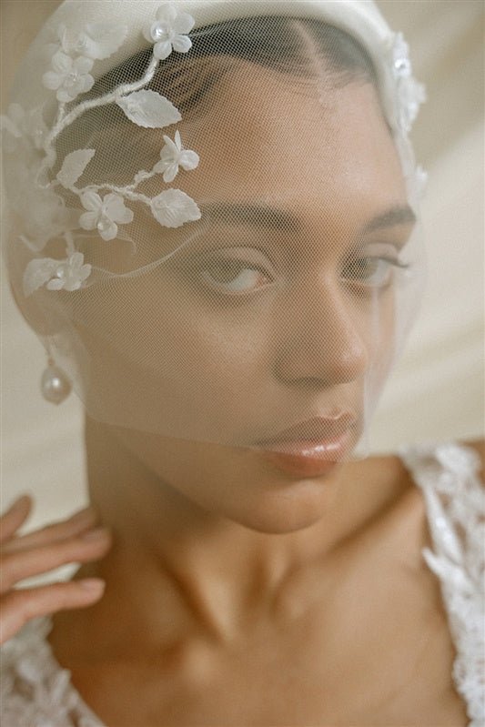 Jasmine Ivory Sheer Tulle Flower Vine Birdcage Veil with headband