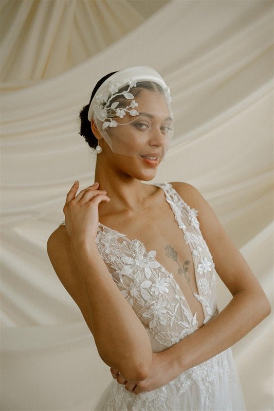 Jasmine Ivory Sheer Tulle Flower Vine Birdcage Veil with headband