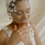 Jasmine Ivory Sheer Tulle Flower Vine Birdcage Veil with headband